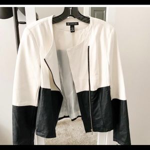 EUC, asymmetrical, faux leather, color block, INC moto jacket, size M.